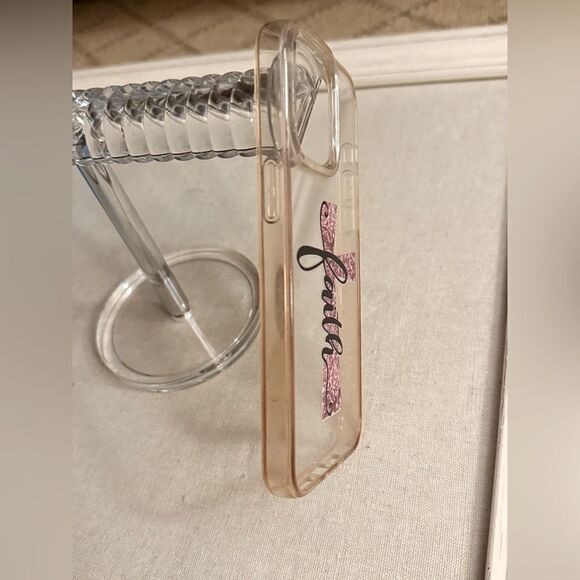 Iphone 15 Pro Max clear silicone case with "FAITH" in pink cross - Picture 3 of 7